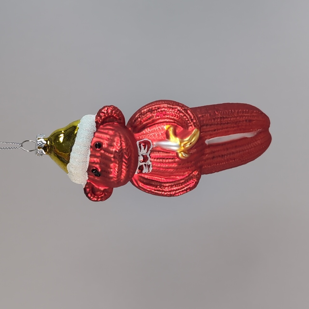 Red sock monkey glass holidays ornament